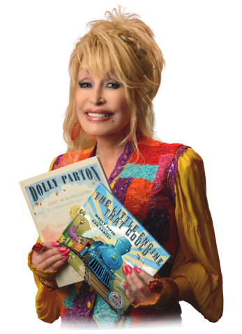 Dolly Parton holding two children's books