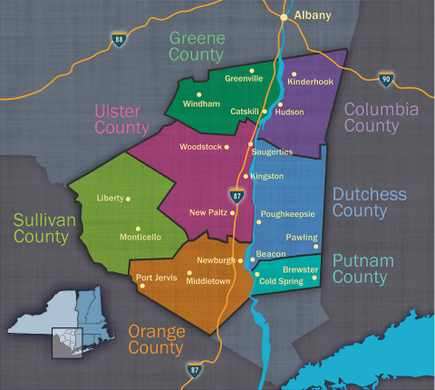 map displaying the different regions of the Mid-Hudson Valley