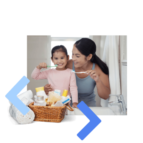 Mother and daughter brushing teeth